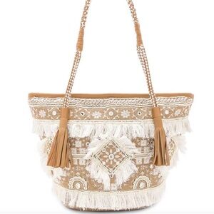 SHASHI Tan & Cream Fringe Embroidered Tote